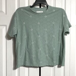 SFERA Basic green cropped floral embroidered blouse shirt top Size LARGE